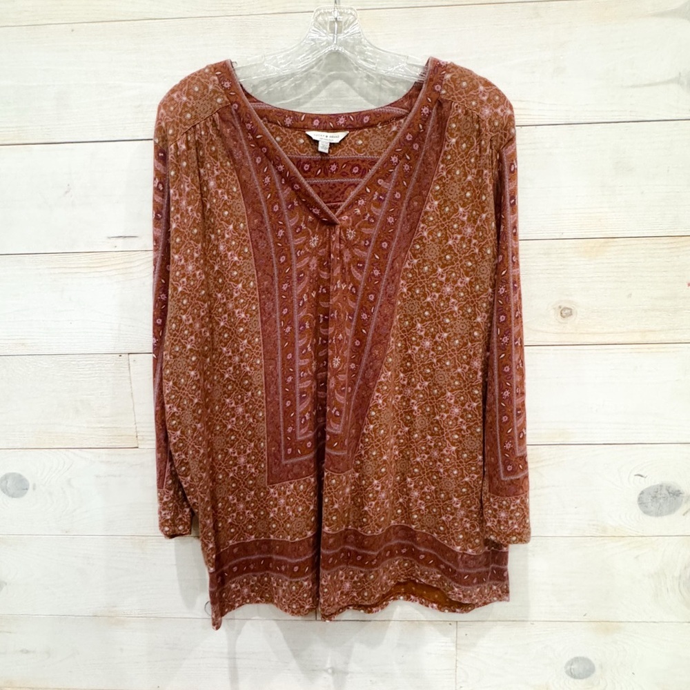 Lucky brand long sleeve burnt orange boho printed top size 2x - Picture 3 of 9